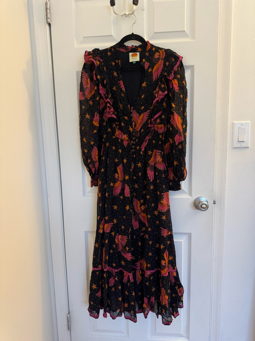FARM Rio Black Midi Dress with Pink Floral & Star Print NWOT - Picture 6 of 14